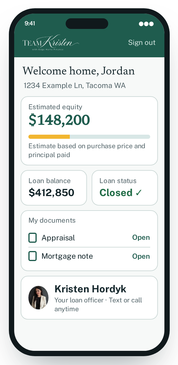 Example Homeowner Portal home screen showing estimated equity, loan balance, documents and loan officer contact