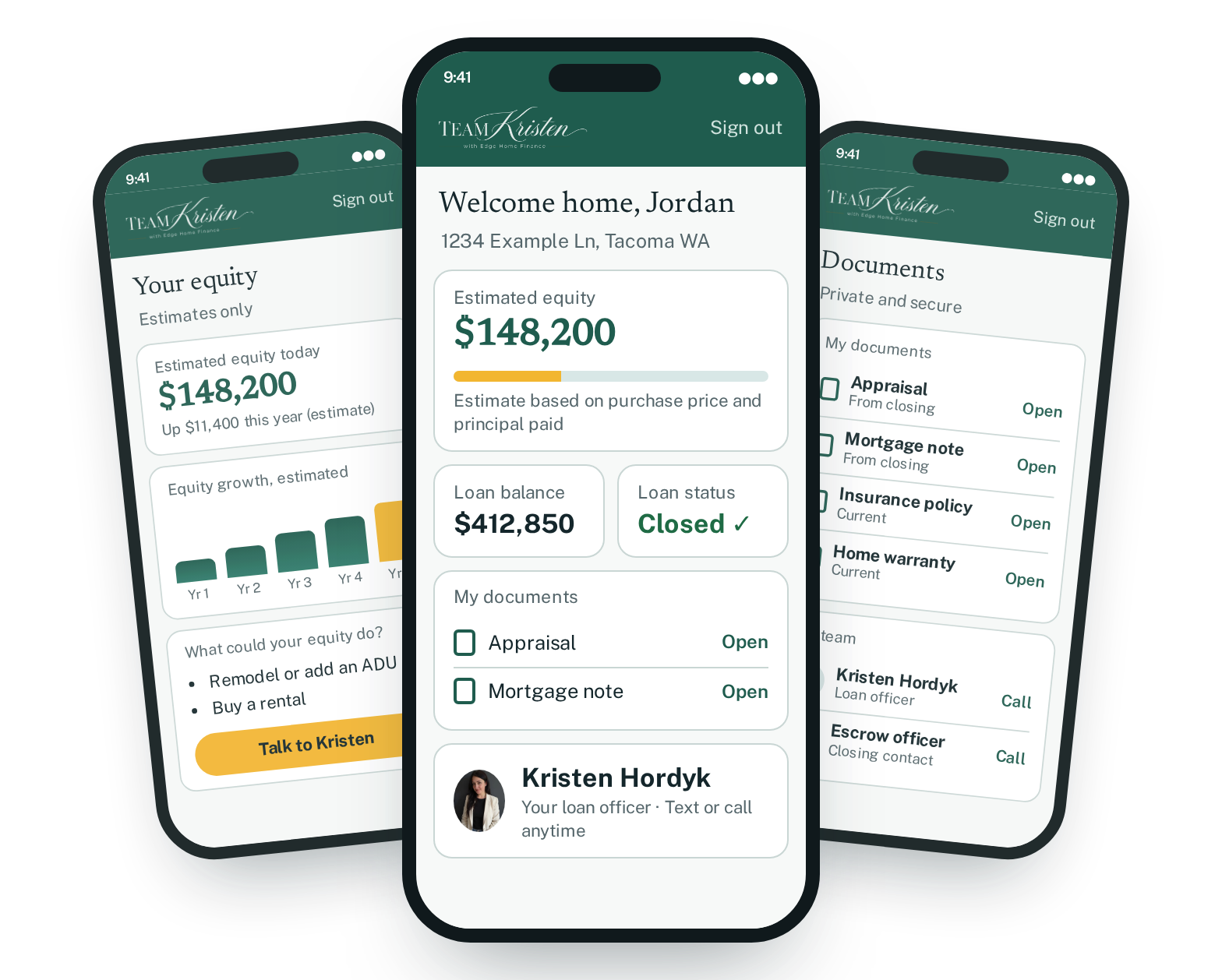 Example Homeowner Portal screens on three phones: an estimated equity dashboard, an equity growth chart, and a documents and team list